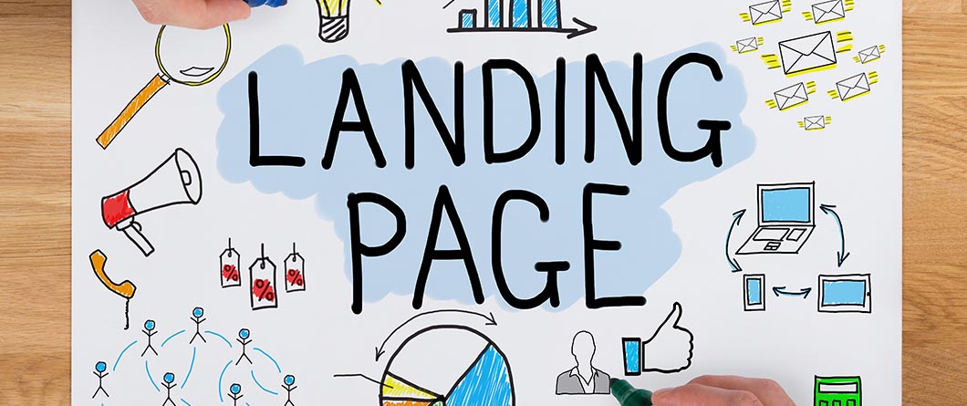 Website and Landing Page Personalization | Evok Advertising Hand drawn infographic titled Landing Page with icons for search charts emails social sharing users devices and a thumbs up