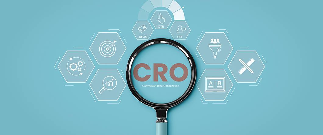 Understanding Conversion Rate | Evok Advertising Illustration of CRO concepts around a magnifying glass with the text'CRO' and 'Conversion Rate Optimization' at the center.