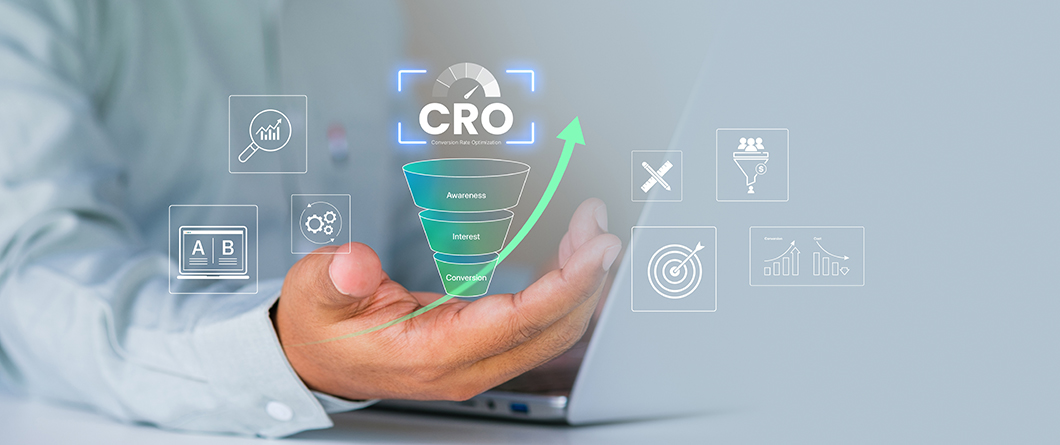 Why Conversion Rate Optimization Delivers Higher ROI | Evok Advertising Hand presenting a green marketing funnel labeled Awareness Interest Conversion with a CRO logo and an upward arrow surrounded by floating data icons