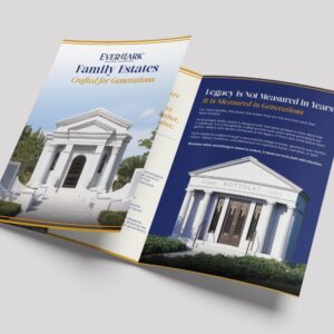 3 | Evok Advertising Two angled brochures for Evermark Family Estates featuring a white classical mausoleum on the cover and a blue color scheme conveying estate planning and memorial services