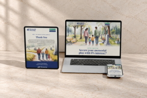 everstory ladning page mock | Evok Advertising Tablet laptop and smartphone on a beige surface display Memorial Planning ads with a family walking toward a cemetery scene