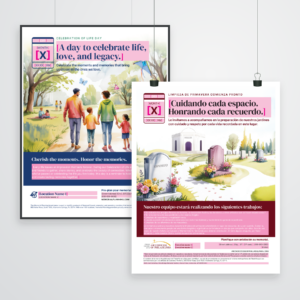 everstorytwoflyersoverlappingsquare | Evok Advertising Overlapping memorial flyers with a pastel park illustration and pink banner text about celebrating life and legacy