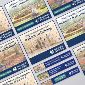 geofencing ads | Evok Advertising Collage of Memorial Planning banners showing garden scenes and people planting with slogans about timeless tributes and remembrance