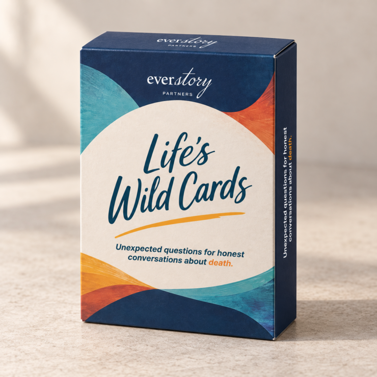life wild cards | Evok Advertising Boxed game titled Lifes Wild Cards with colorful abstract design and the subtitle Unexpected questions for honest conversations about death By Everstory Partners